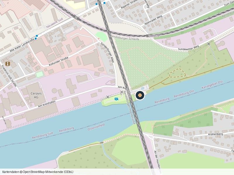 Kartenausschnitt: Am Kreishafen 36 in Rendsburg, direkt am Nord-Ostsee-Kanal neben der Eisenbahnhochbrücke